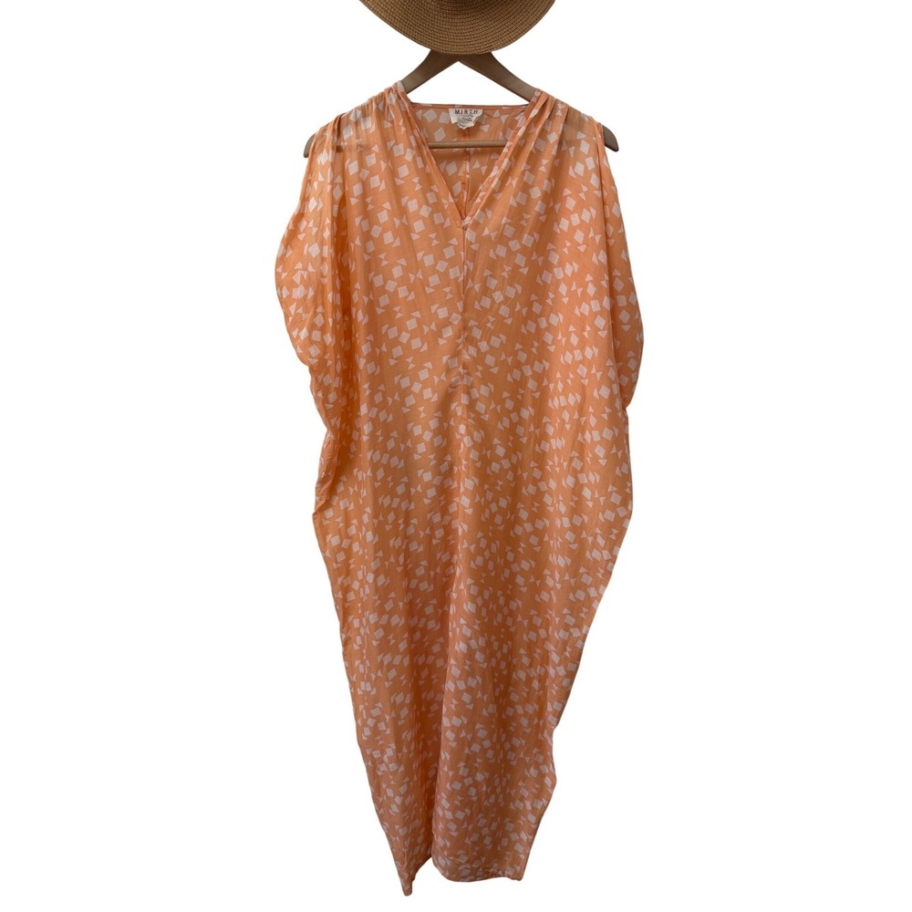 MIRTH Caftan Dress One Size Orange White Silk Blend Maxi Cinch Shoulder